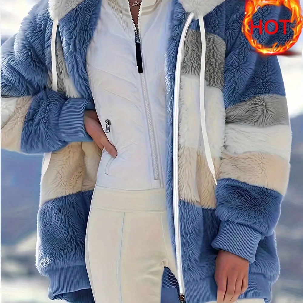 Faux Fur Colorblock Hooded Jacket - Blue/White/Cream